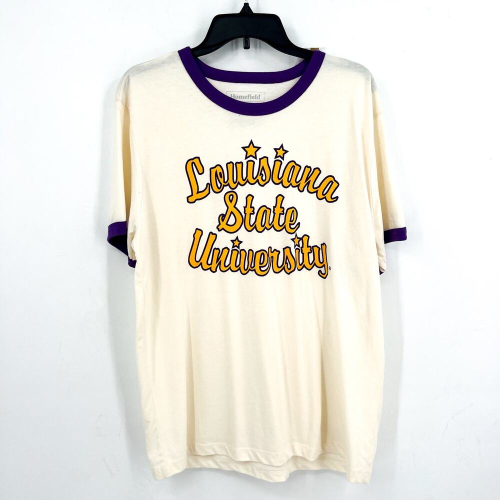 HOMEFIELD Womens LSU Retro Script Graphic T Shirt XL Off White Short Sleeve NWT